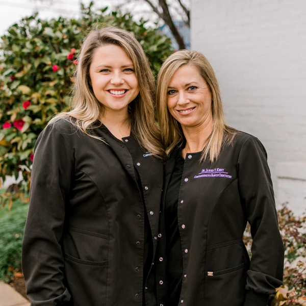 Dentist LaGrange GA Dental Hygenists a photo of the two dental hygienists for LaGrange Dentistry outside smiling at the viewer